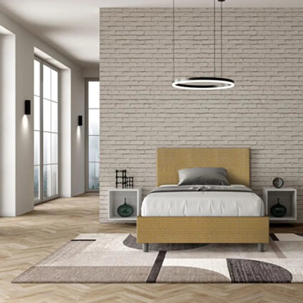 Letto una piazza e mezza contenitore imbottito 120x200 tessuto Labirinto 6 giallo Adele