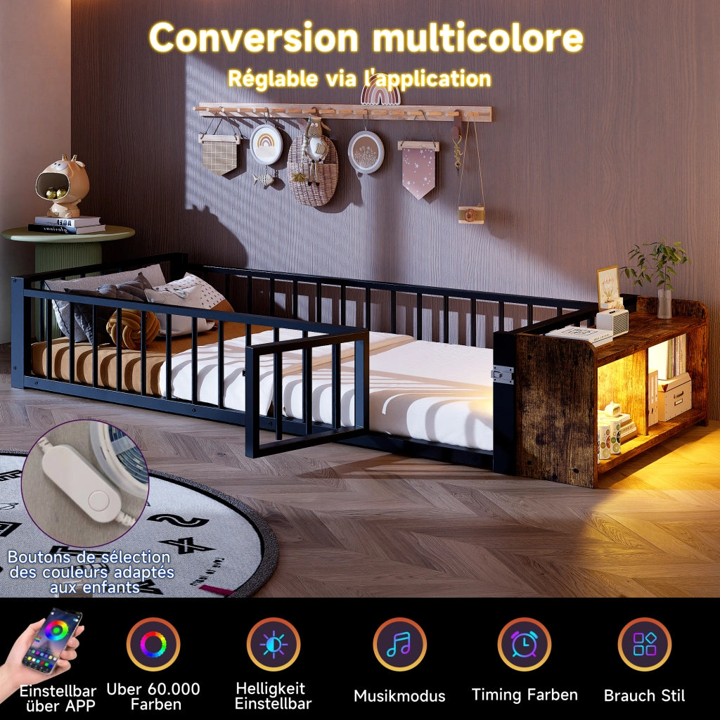 Letto in metallo con cassetti LED 90x200 MDF nero e metallo