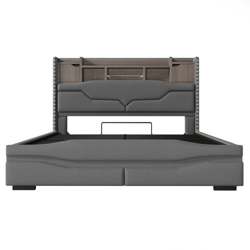 Letti contenitori 160x200 cm; contenitore idraulico e luci LED; lino; grigio (Senza materasso)