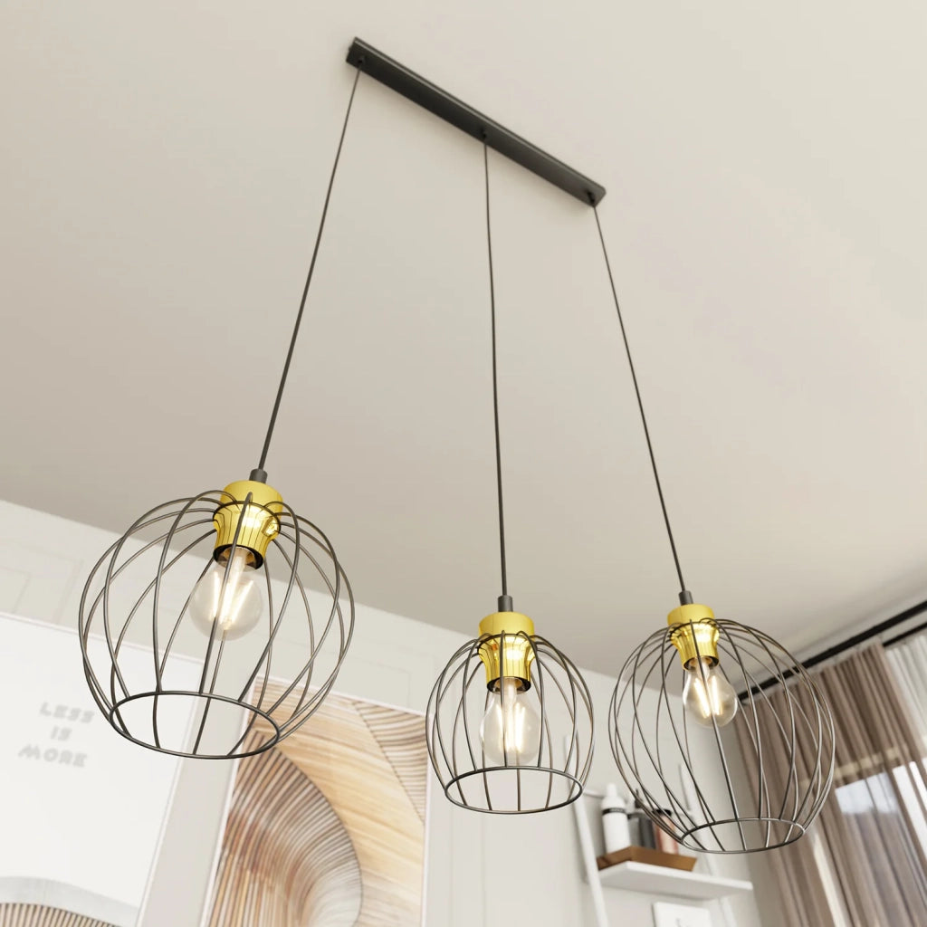 Sospensione Minimal Industrial Hathor 3 Luci Lineari Nera E Oro