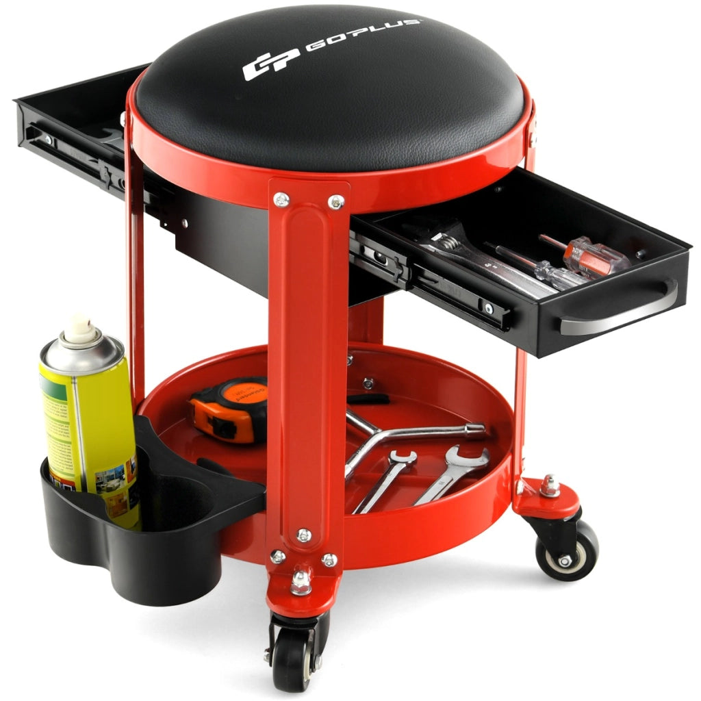 Sedile da officina con sedile imbottito rimovibile 4 rotelle piroettanti 2 cassetti, Sgabello meccanico rotante-Deposito utensili Tool