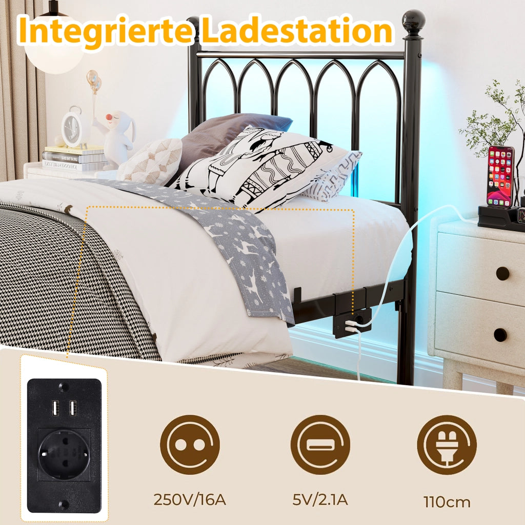 LETTO in metallo 90x200 cm Nero con LED, USB e presa, senza materasso