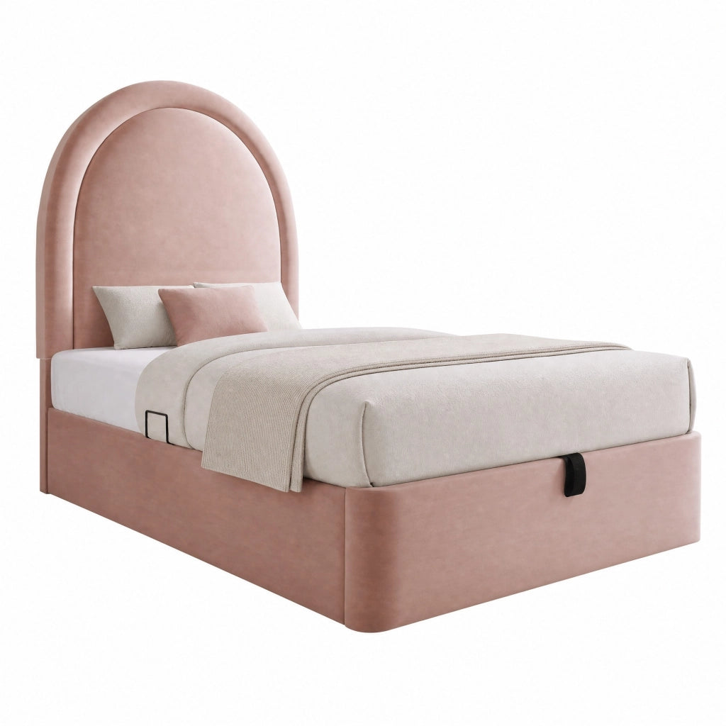 Letto singolo imbottito con contenitore e rete idraulica; 90 x 200 cm; velluto rosa