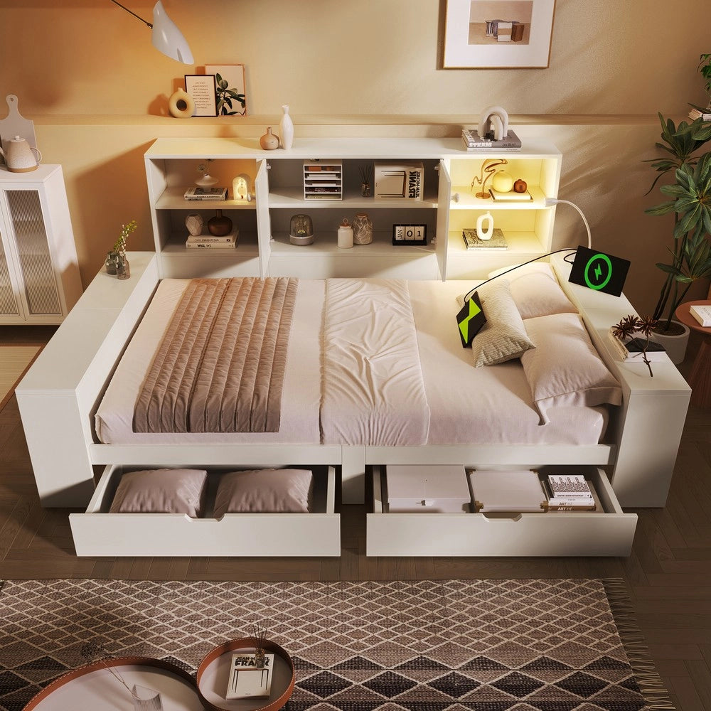 Letto Contenitore 140x200 con Cassetti e USB ¨C Xylo ¨C Bianco, Legno