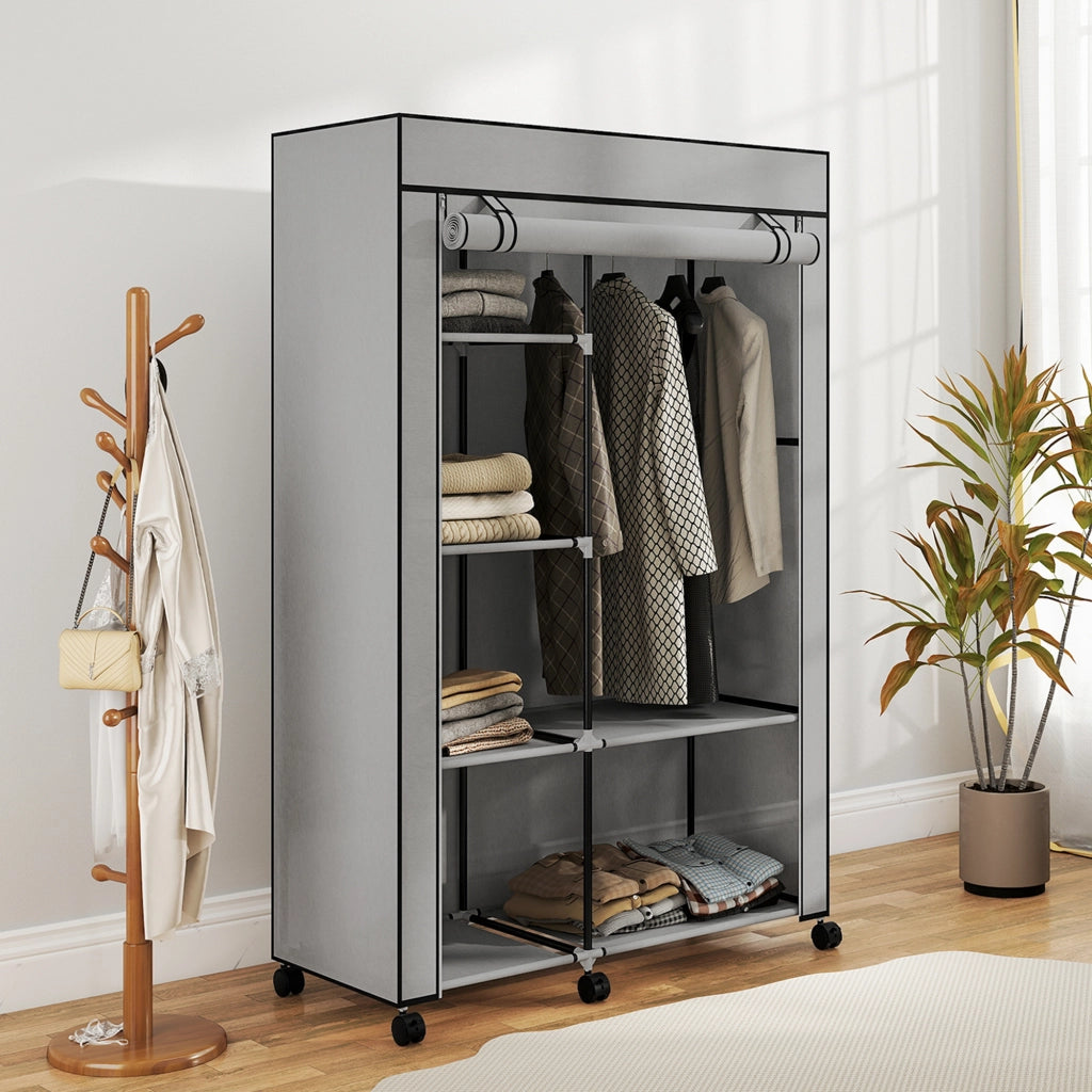 Armadio scorrevole in tessuto con appendiabiti e ripiani ¨C Zephmum ¨C 103x43x162,5cm grigio