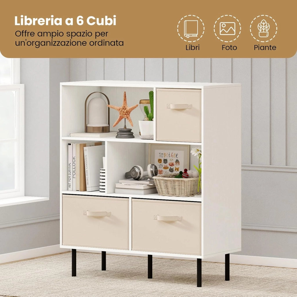 Libreria a 6 Cubi, Scaffale a 3 Livelli con 3 Cassetti in Tessuto Pieghevoli, Organizzatore Autoportante con Gambe in Metallo per Soggiorno, Ufficio, 90 x 40 x 105 cm (Bianco)