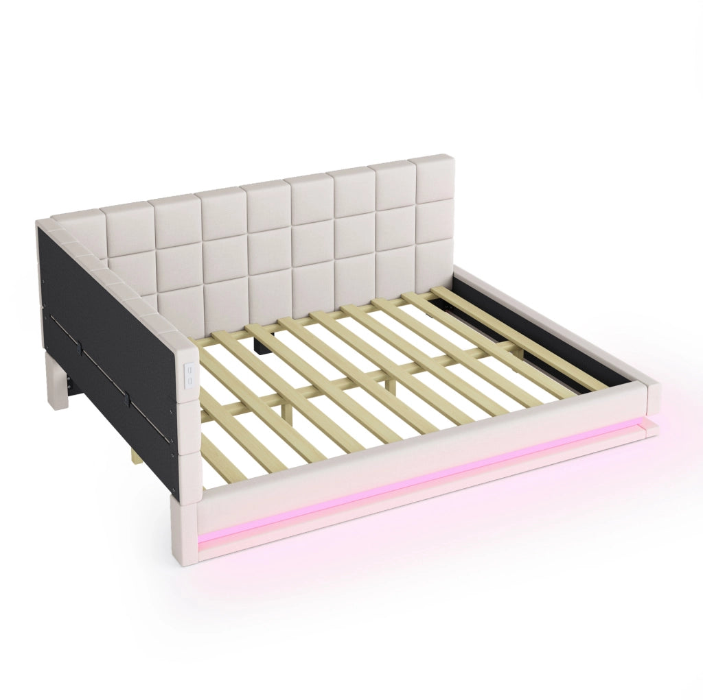 Divano letto 160x200 in tessuto beige con LED, USB e rete a doghe