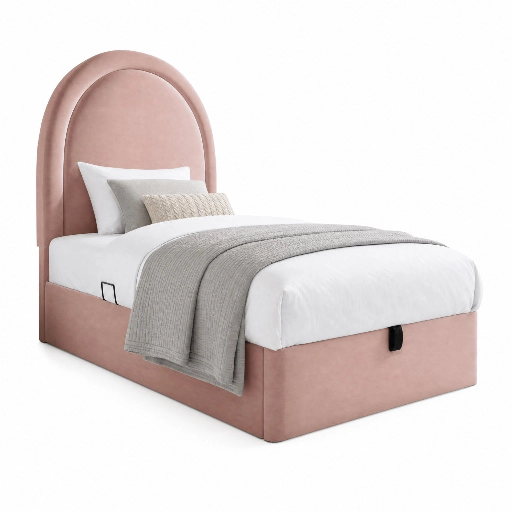 Letto imbottito singolo 90x190 cm in velluto rosa con contenitore e rete sollevabile