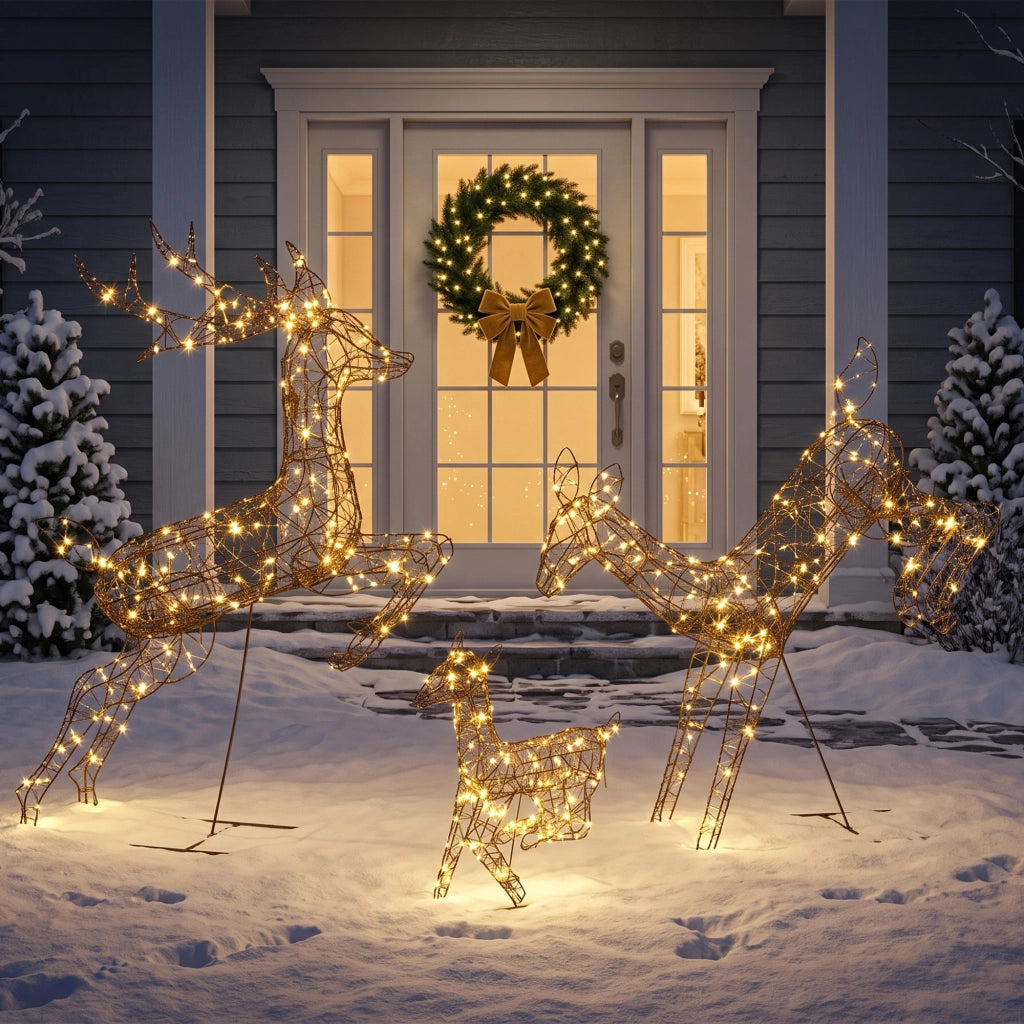 Set di 3 renne natalizie luminose, 120 cm, per esterni, con 200 LED bianco caldo, 8 modalità e timer.