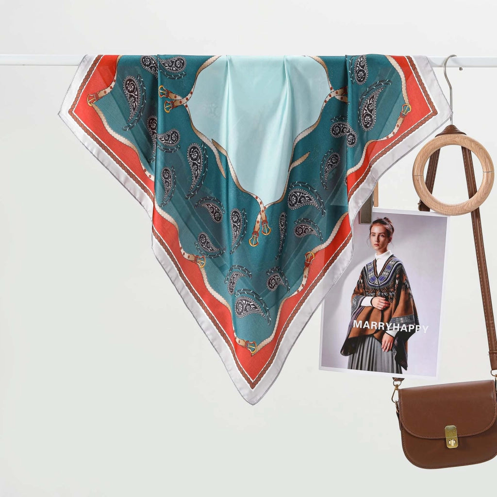 Cintura da donna vintage in pelle con stampa di anacardi, piccola sciarpa di seta