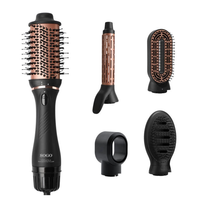 Styler capelli 5 in 1 con aria calda 1200W, funzione ionica e 5 accessori per asciugare lisciare e arricciare - Sogo