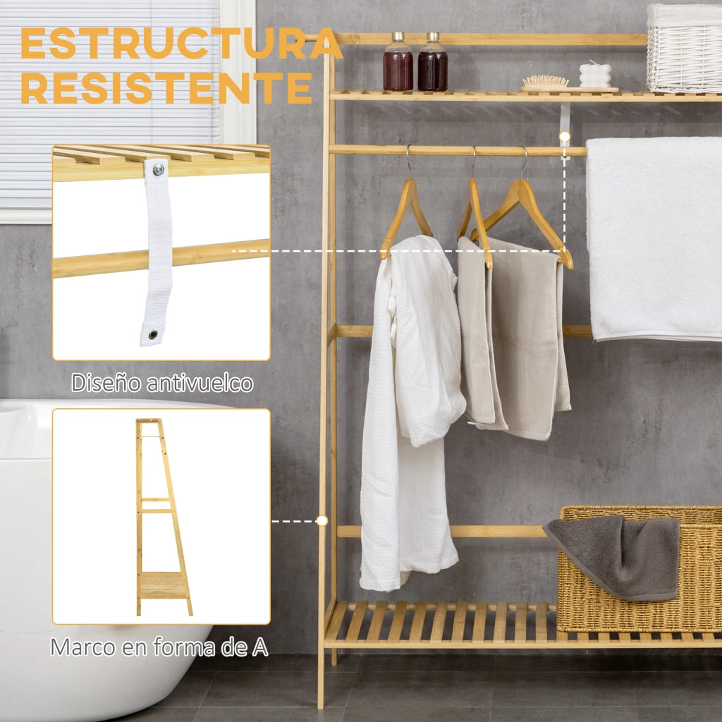 Appendiabiti a terra in bamb¨´ ¨C Xylo ¨C legno naturale con 2 ripiani e barra portaoggetti 114x40x139 cm