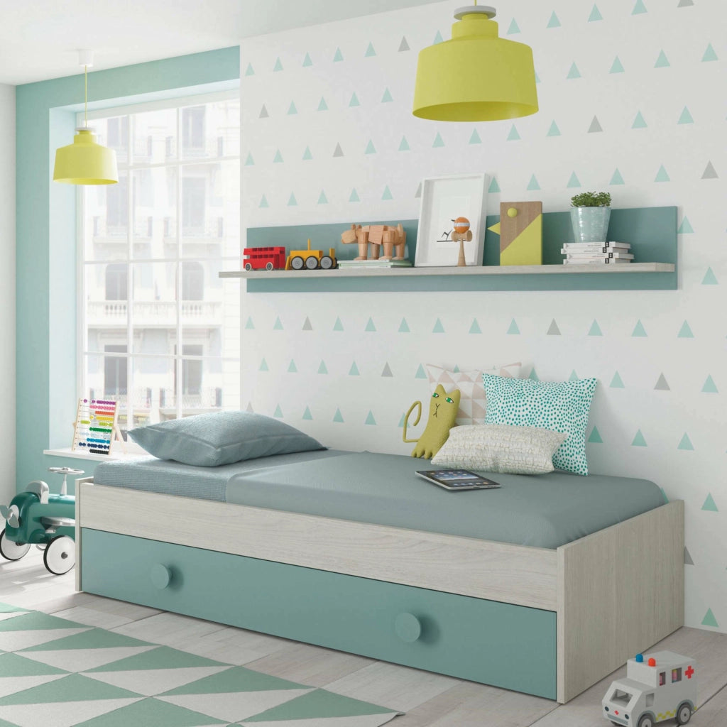 Letto singolo Aqua, Struttura letto per cameretta, Letto singolo con lettino estraibile o cassettone e mensola abbinata, cm 199x95h65, Bianco e Verde acqua