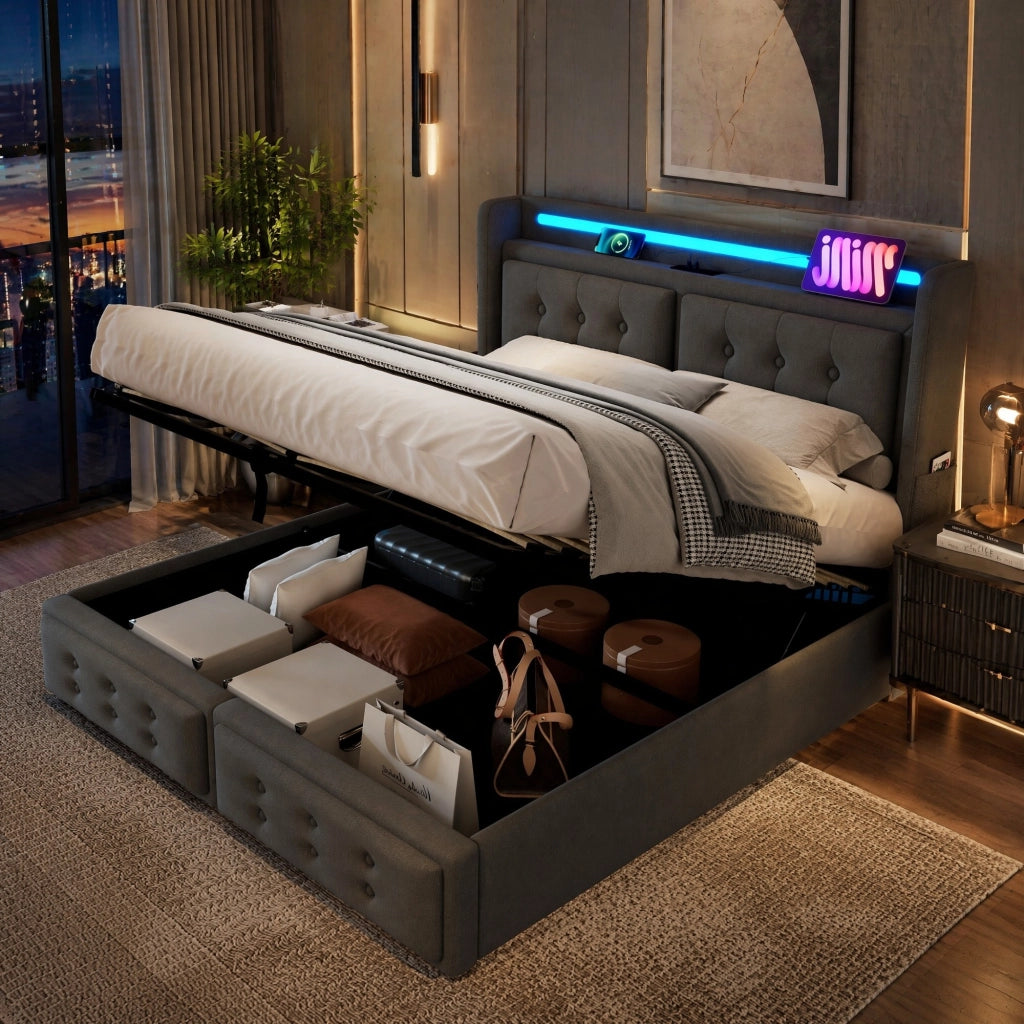 LETTO Contenitore 160x200 cm Grigio in cotone-lino con prese, USB-C e LED