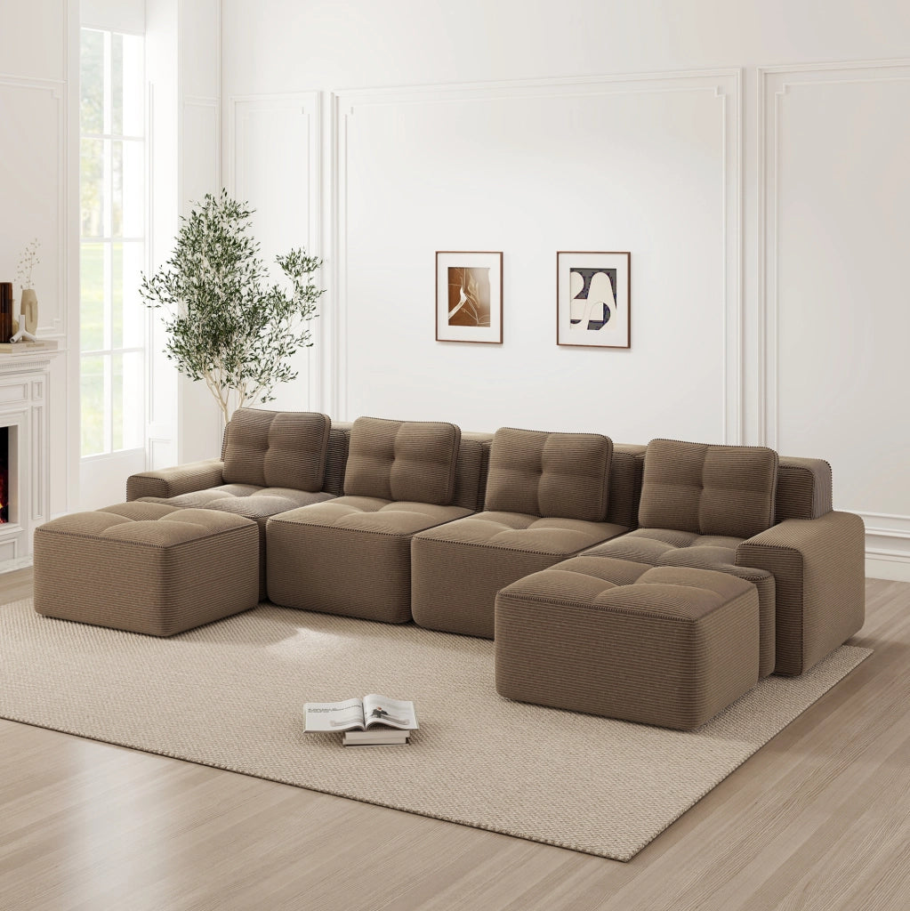 Divano modulare senza montaggio 382x177x69 cm in tessuto a coste marrone; seduta profonda