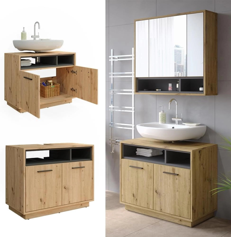 Mobile sottolavabo per bagno Beatrice, Rovere artigianale/antracite, 80 x 64 cm, con ritaglio per sifone e ripiani aperti