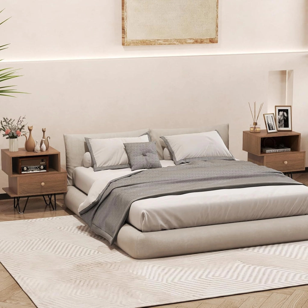 Set di 2 Comodini, Tavolini da Letto in Stile Moderno con Cassetto Rimovibile e Scomparto Aperto, Tavolini da Accento con Gambe in Metallo per Camera da Letto (Naturale)
