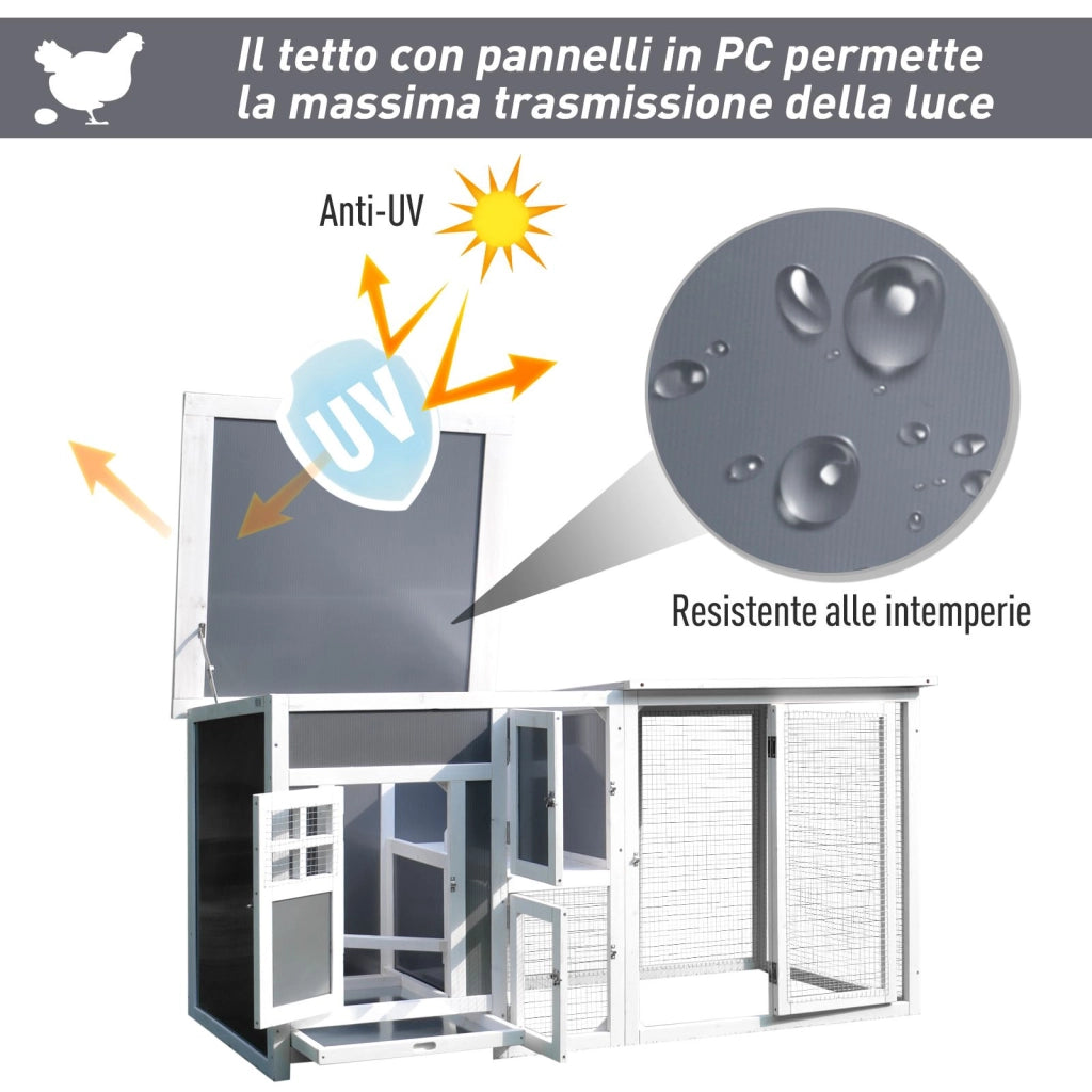 EasyComfort Pollaio per Galline Ovaiole da Esterno con Tetto Impermeabile e Zona di Corsa, Nidificazione in Legno, 160x75x80 cm, Grigio e Bianco
