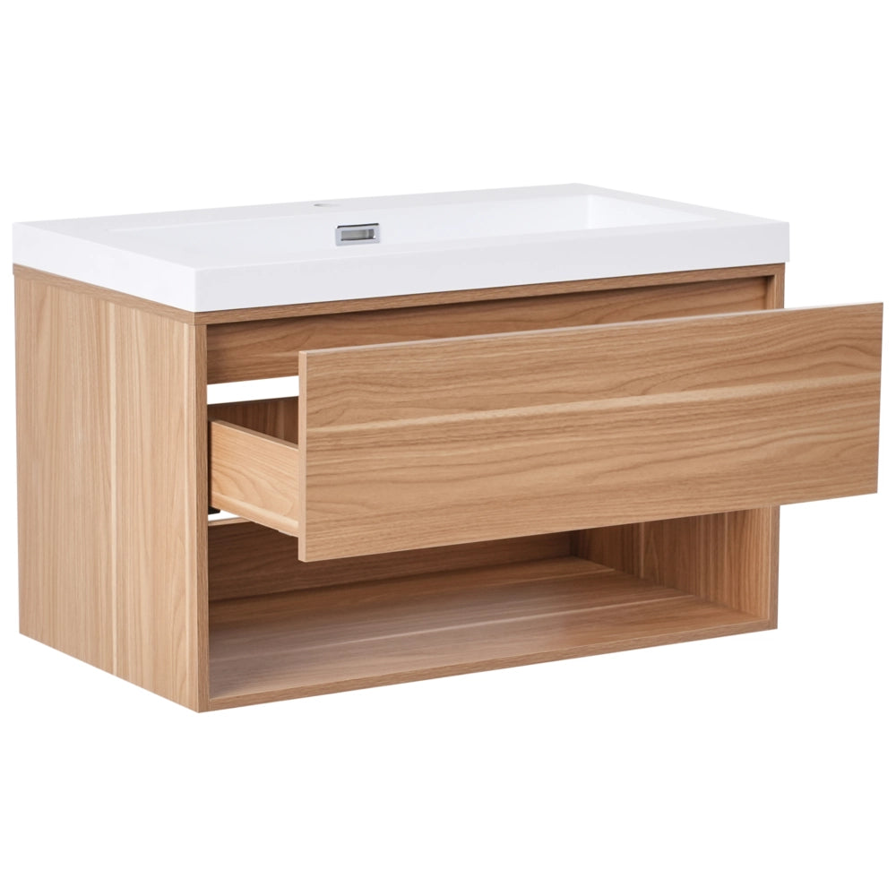 Mobile da bagno sospeso con lavabo in legno ingegnerizzato con contenitore 80 cm Marrone chiaro design moderno