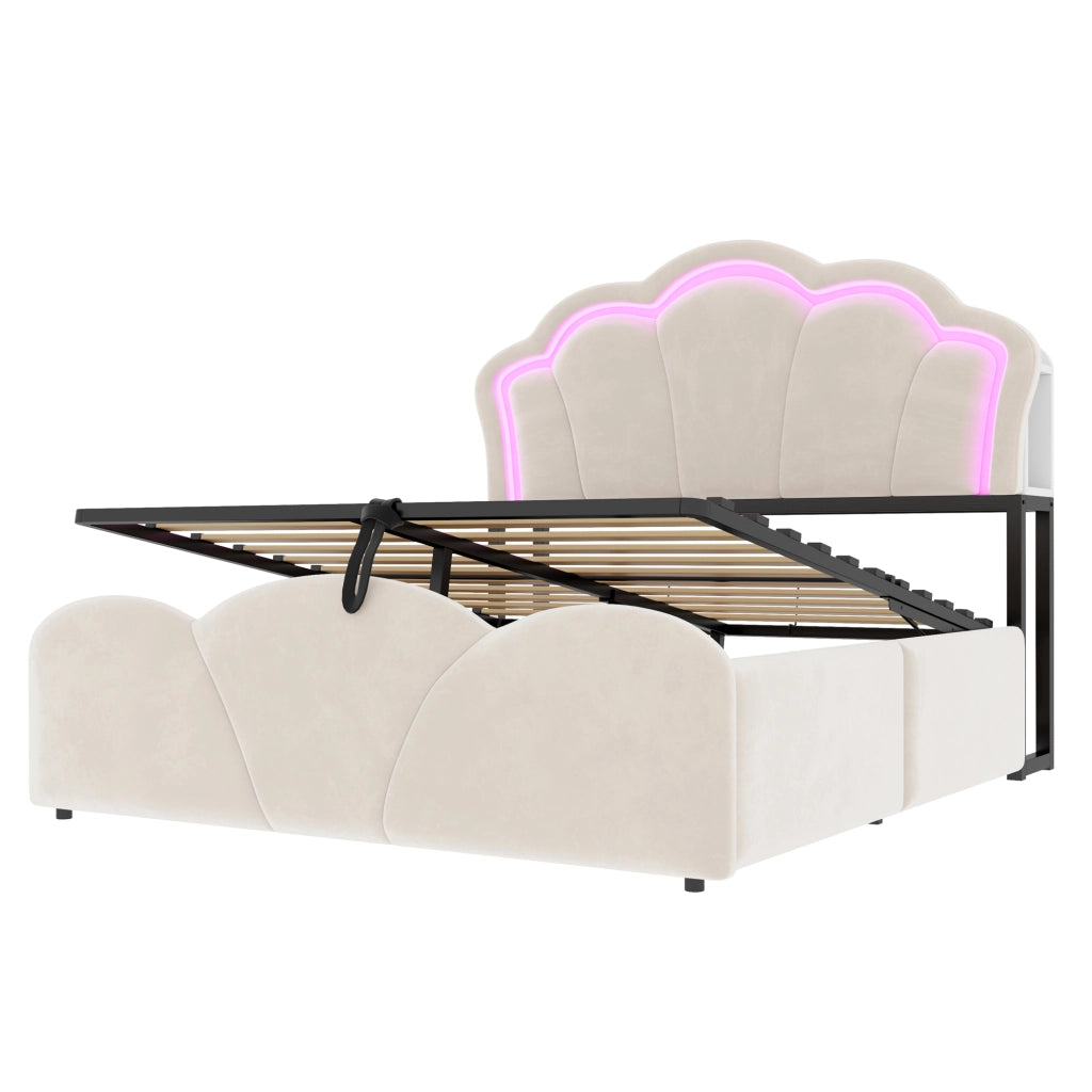 LETTO Contenitore 140x200 cm Beige in Velluto con LED e prese integrate