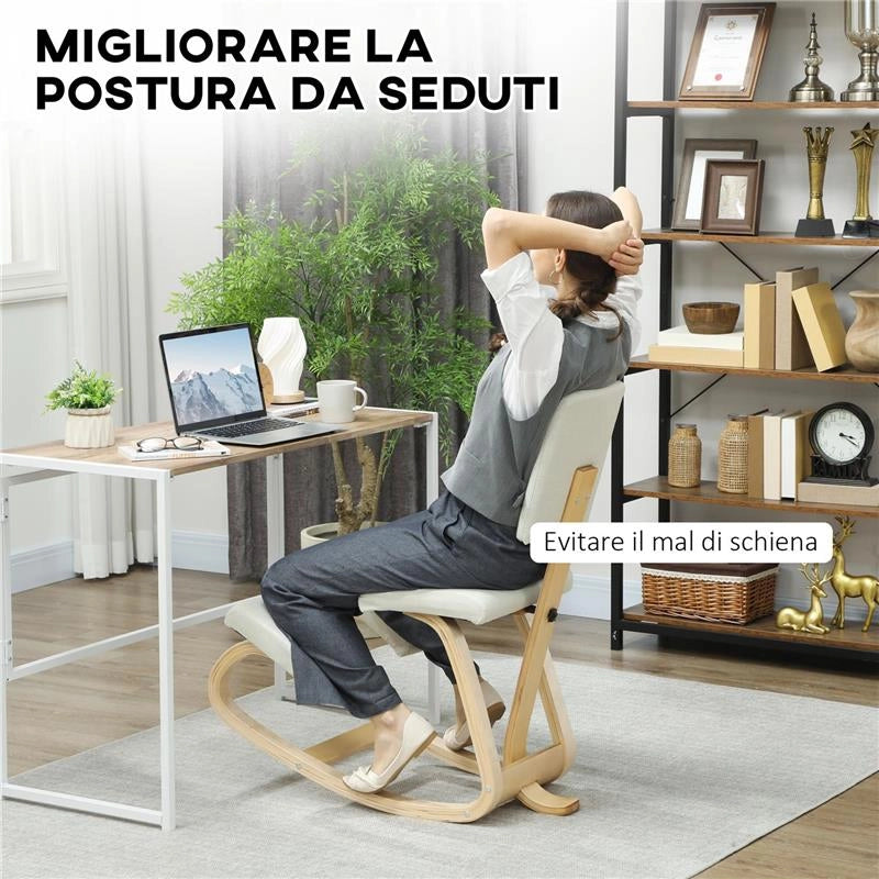 SEDIA INGINOCCHIATOIO DONDOLANTE IN TESSUTO EFFETTO LINO E LEGNO DI BETULLA, 51X84X93 CM, CREMA