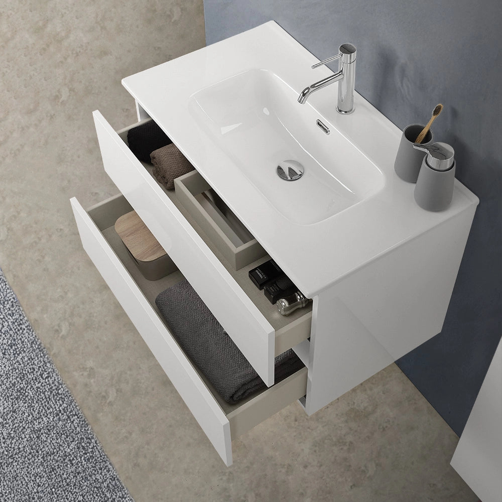 Mobile bagno sospeso 100 cm in legno bianco lucido 2 cassettoni con lavabo e specchio Leda