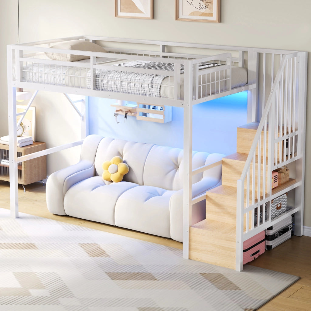 DESMIU Letto a soppalco 1 posto con LED regolabile e scala contenitore, 90 × 200 cm, senza materasso, bianco