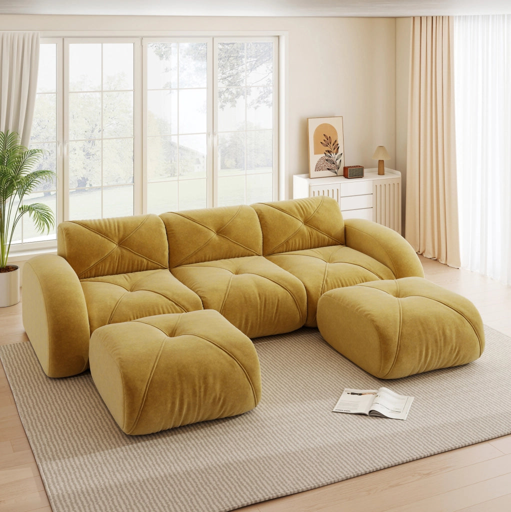 Divano modulare senza struttura in chenille giallo; imbottitura in schiuma 32D e design flessibile