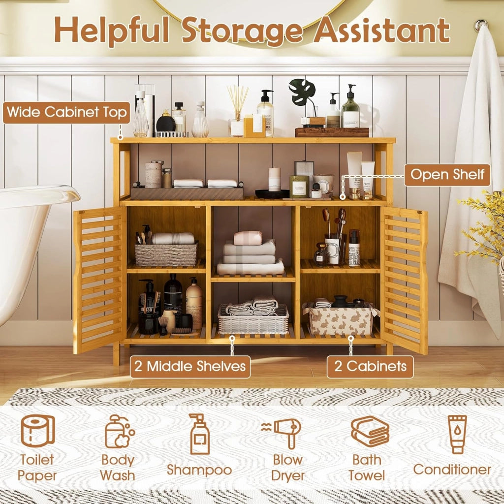 Armadio da bagno in bambù con ante a persiana e mensole, organizer per soggiorno, ingresso, cucina, sala da pranzo, 100 x 35 x 80 cm, naturale