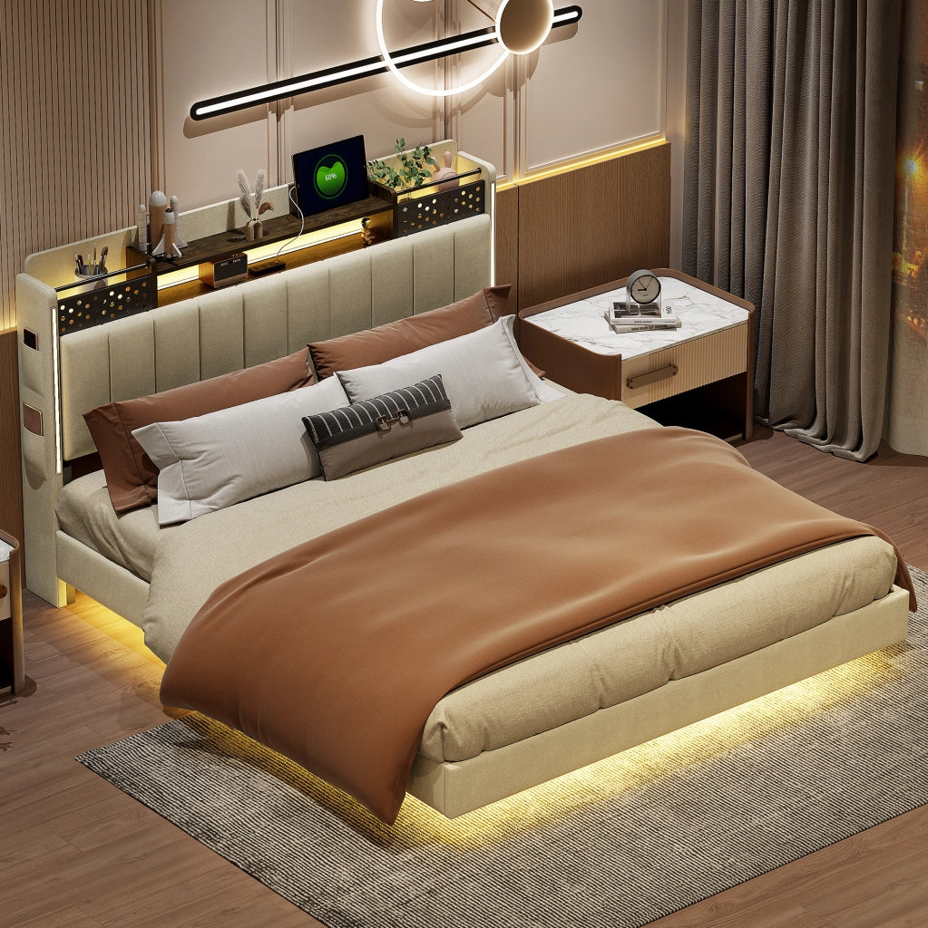 Letto imbottito 160x200 cm con LED e USB; testiera con contenitore e ripiani; tessuto lino beige