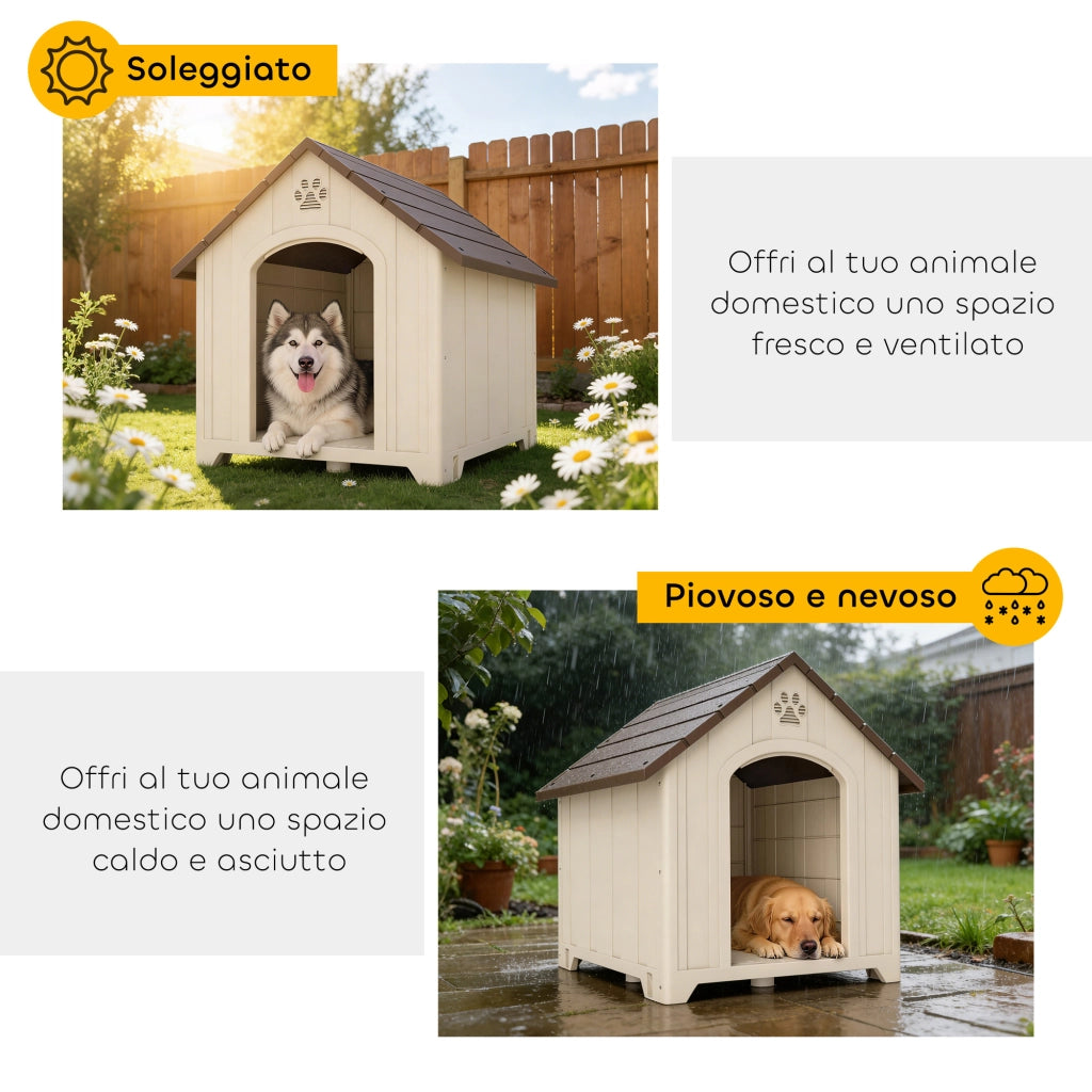 Cuccia per Cani Rialzata 88x78x89 cm con Tetto Inclinato e Prese d'Aria in PP Beige e Marrone Scuro