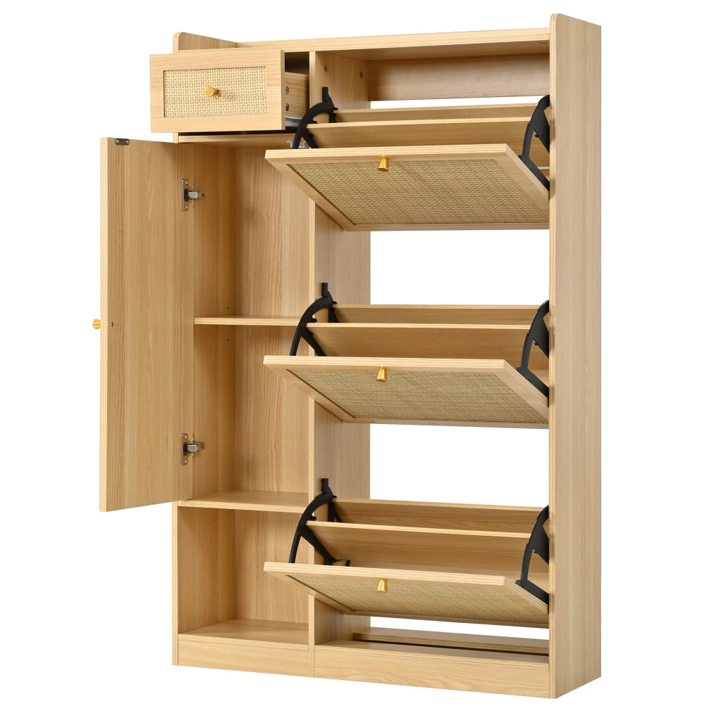 Scarpiera slim in stile rattan con 3 ante ribaltabili, cassetto e vano laterale, 80,5 ¡Á 25 ¡Á 125 cm, colore naturale
