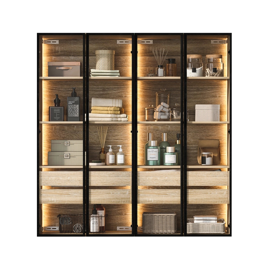 Set di 2 armadi in MDF con LED e vetro satinato naturale