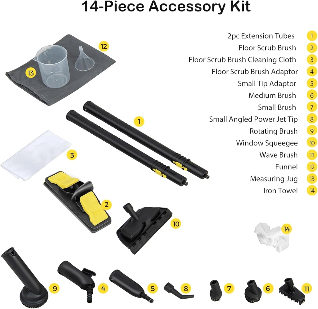 Potente Pulitore a Vapore 2000W, 14 Accessori, Pressione Massima 5 Bar, Temperatura 160℃, Riscaldamento Rapido 8 Minuti, Serbatoio 1,8L, per Pavimenti, Divani, Cucina, Superficie 108 m² (Giallo)
