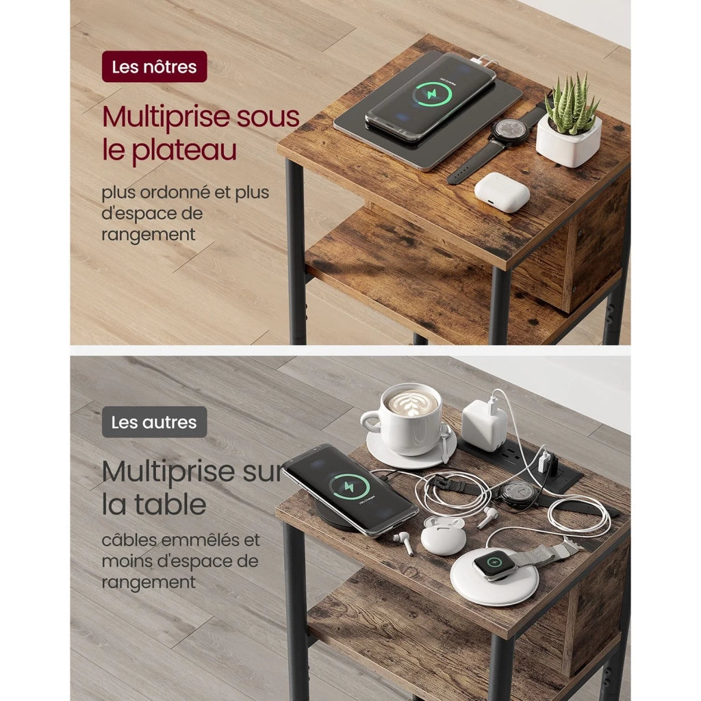 Tavolino/comodino piccolo con 2 porte USB 30 x 34 x 58 cm per soggiorno/camera da letto marrone 12_0007536