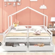 Letto a Casetta con 2 Cassetti su Ruote, Letto per Cameretta, Rete a Doghe, Senza Materasso, in Legno, 200×90 cm, Bianco