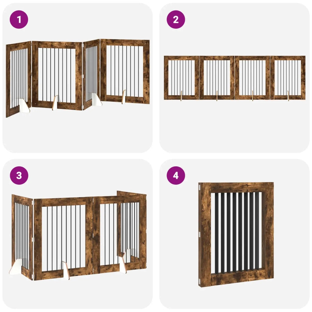 Cancello per cani pieghevole con supporti 4 pz Rovere Fumo 892045