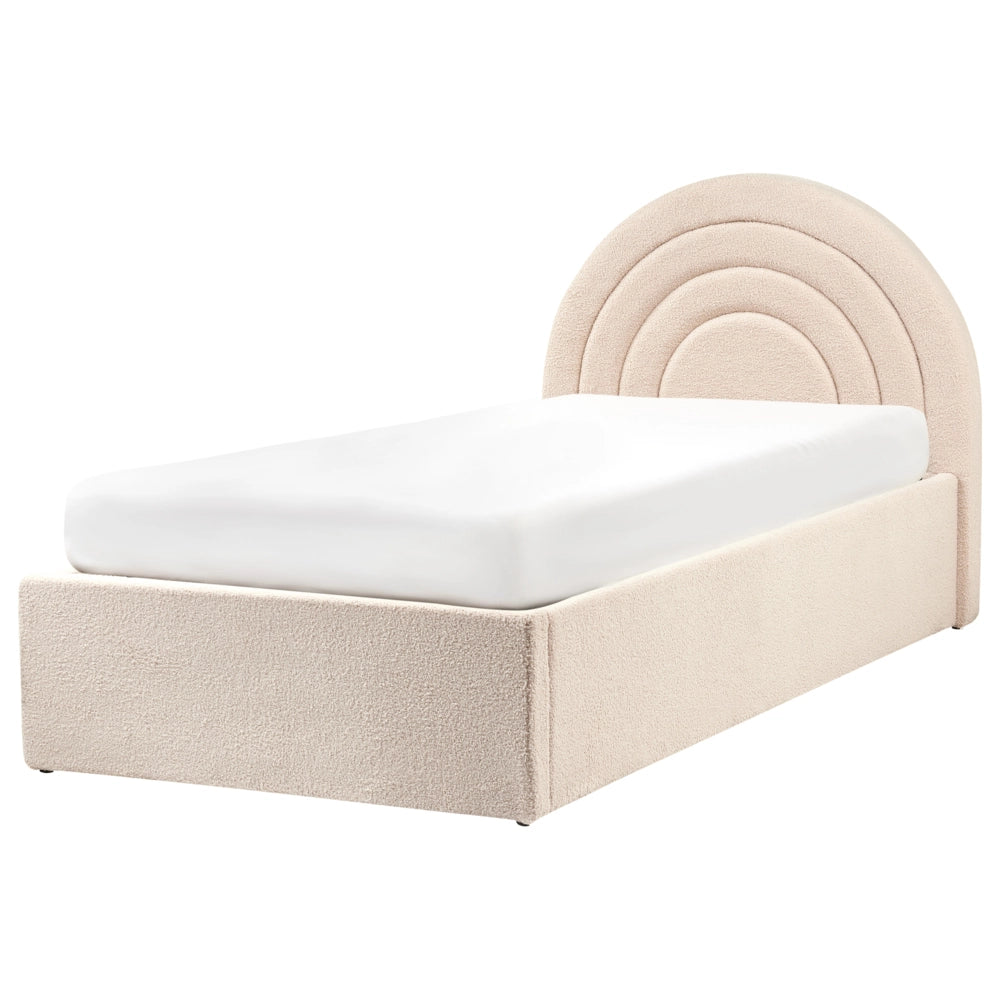Letto singolo con testiera semicircolare in bouclé beige 90x200 cm base a doghe Testiera a Mezza Luna con contenitore