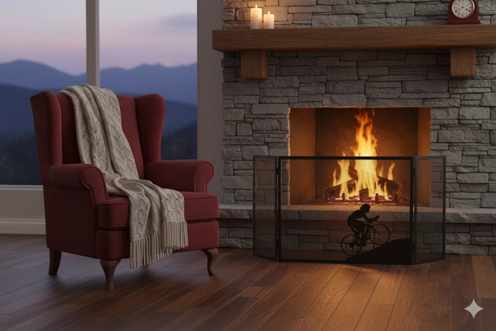 Parascintille per Camino a 3 Ante Design Ciclista 20+60+20x50 cm in Ferro Verniciato Grigio Martellato