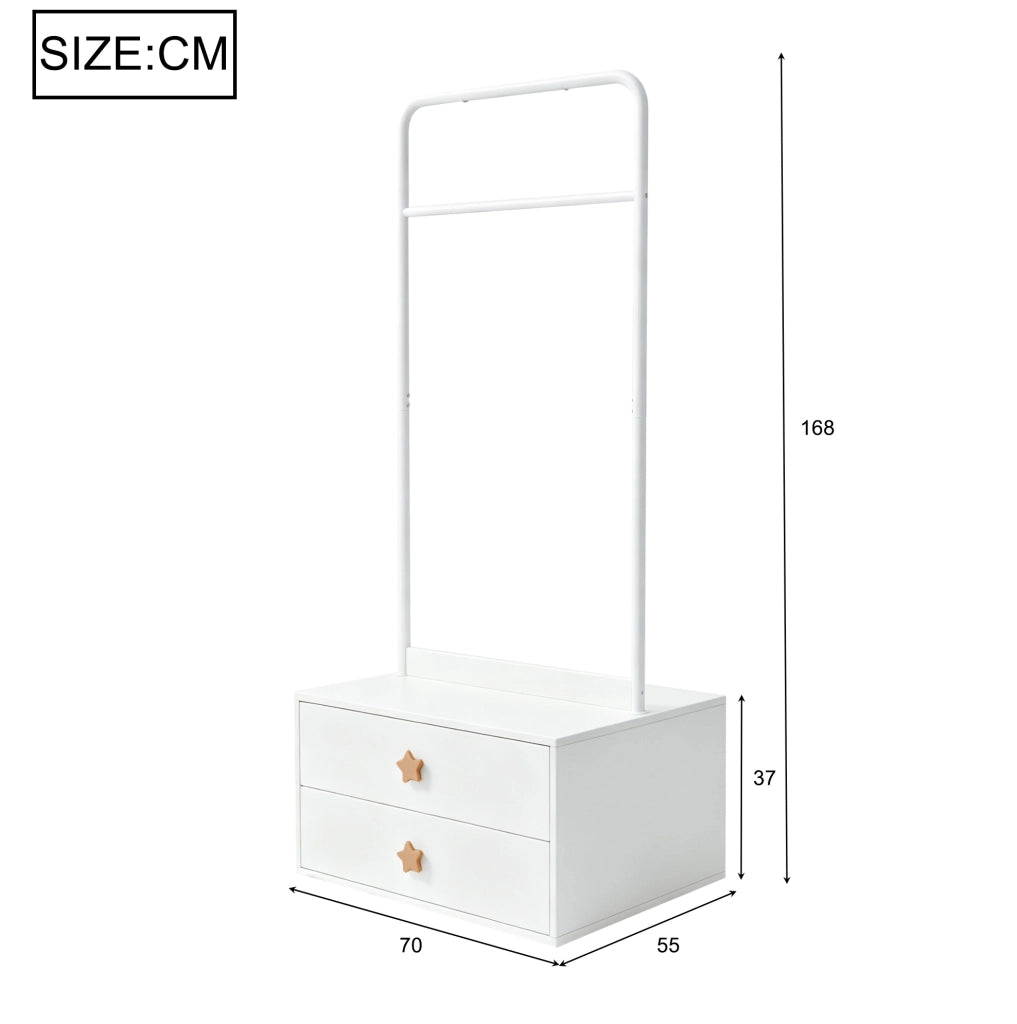 Stand appendiabiti per bambini ULEVR 70x55x168 cm con barra appendiabiti e 2 cassetti, bianco in MDF