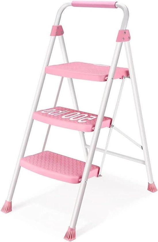 Scaffale Portatile 3 gradini - Pedale Ampi - Capacità di Carico 150 kg - Scaffale Portatile con Pedali Rampa in Rosa