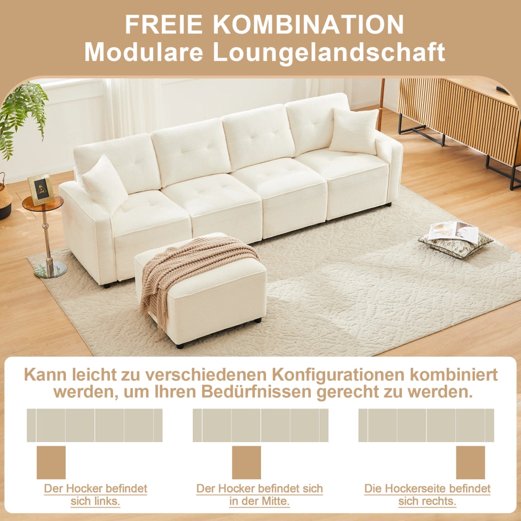 Divano dritto 4 posti con contenitore e pouf modulare, in velluto a coste, Beige, 280 × 146 × 85 cm