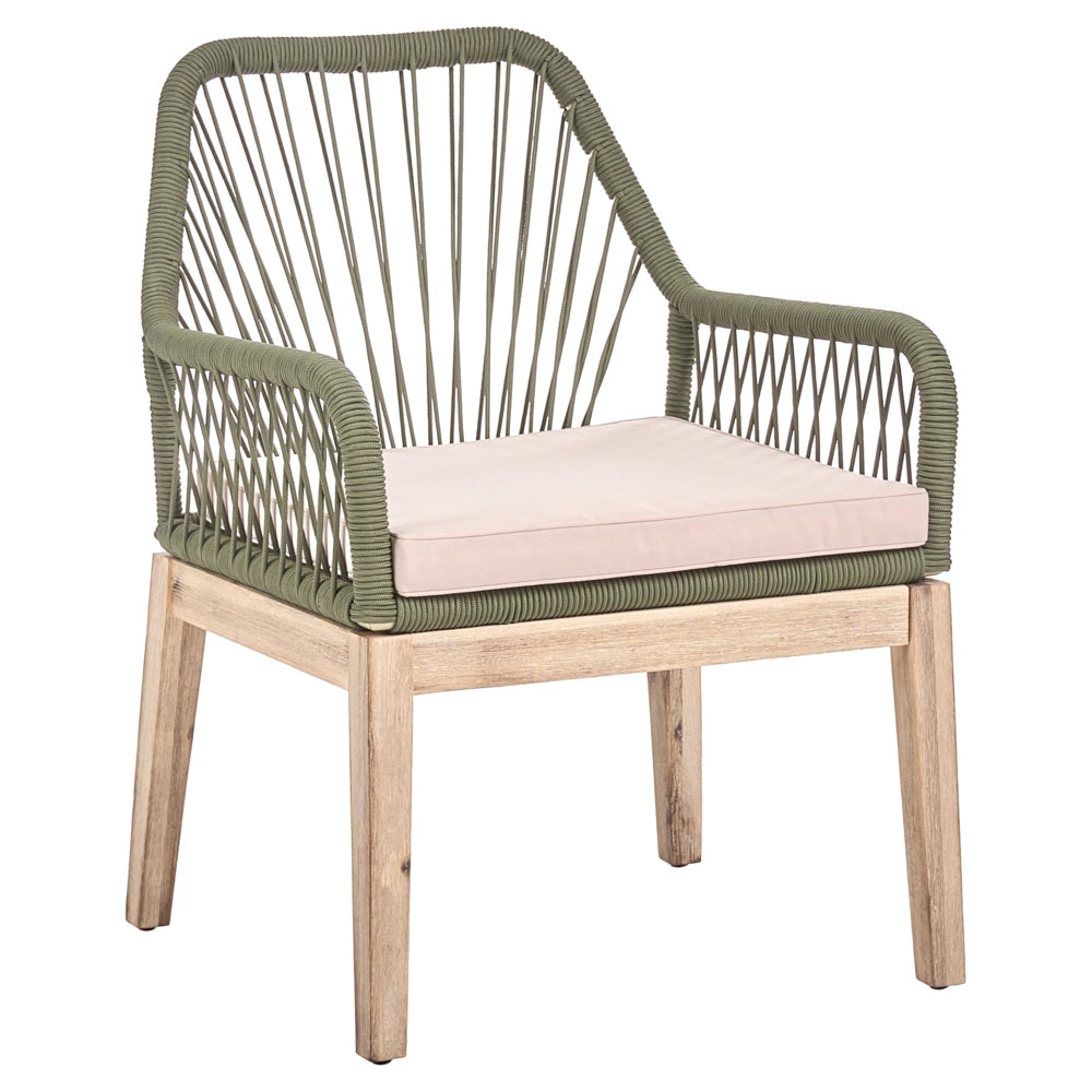 Set di 2 sedie da pranzo da esterno, struttura in polipropilene bianco e verde oliva gambe in legno di acacia, cuscini in poliestere, design moderno, rivestimenti sfoderabili, intreccio in corda