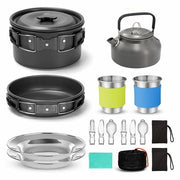 Set di Cucina da Campeggio 15 pezzi, Pentola e Fiamma Antiaderente, Set di Moka, Piatti, Forchette, Coltelli, Cucchiai in Acciaio Inossidabile per Campeggio, Escursioni, Cucina all'Aperto e Picnic