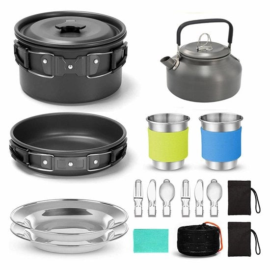 Set di Cucina da Campeggio 15 pezzi, Pentola e Fiamma Antiaderente, Set di Moka, Piatti, Forchette, Coltelli, Cucchiai in Acciaio Inossidabile per Campeggio, Escursioni, Cucina all'Aperto e Picnic