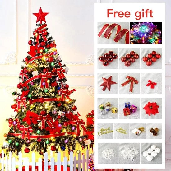 Albero di Natale in PVC, 150/180/210cm, con illuminazione, palloni di neve e di Natale, set di decorazioni per Natale