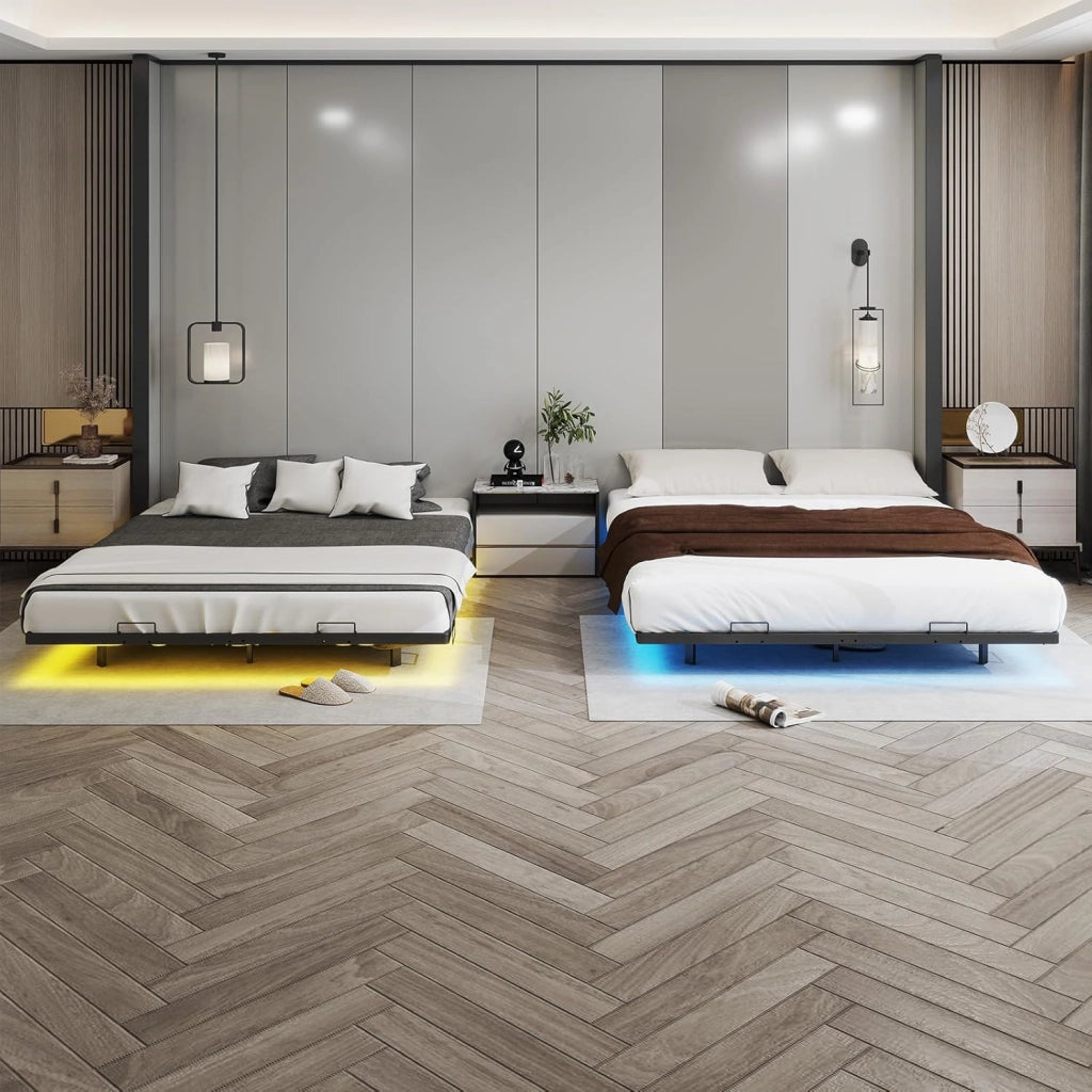 Telaio letto 140 x 200 cm, in metallo, con LED e prese, letto per ragazzi, app e telecomando, struttura stabile con rete a doghe, 180 kg