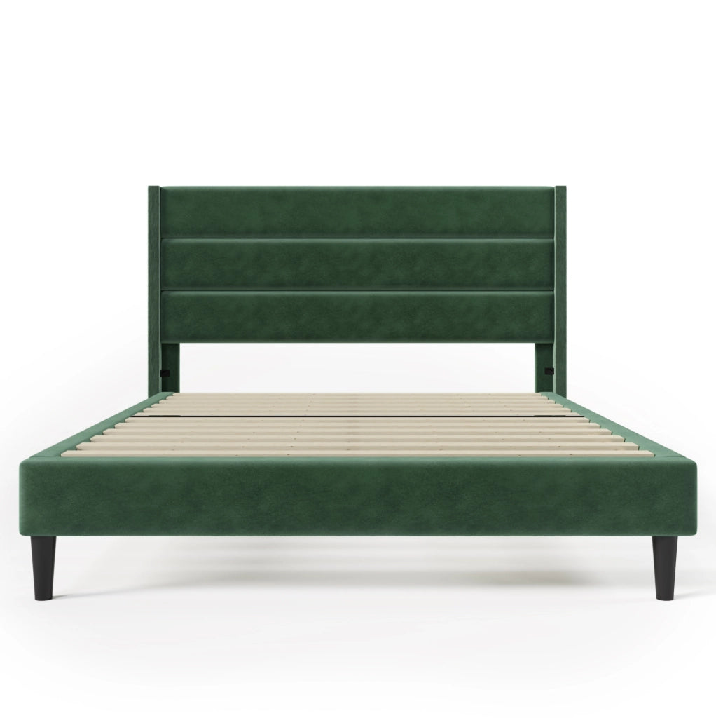 Letto imbottito matrimoniale 140x200 cm in velluto verde scuro con testiera e rete a doghe