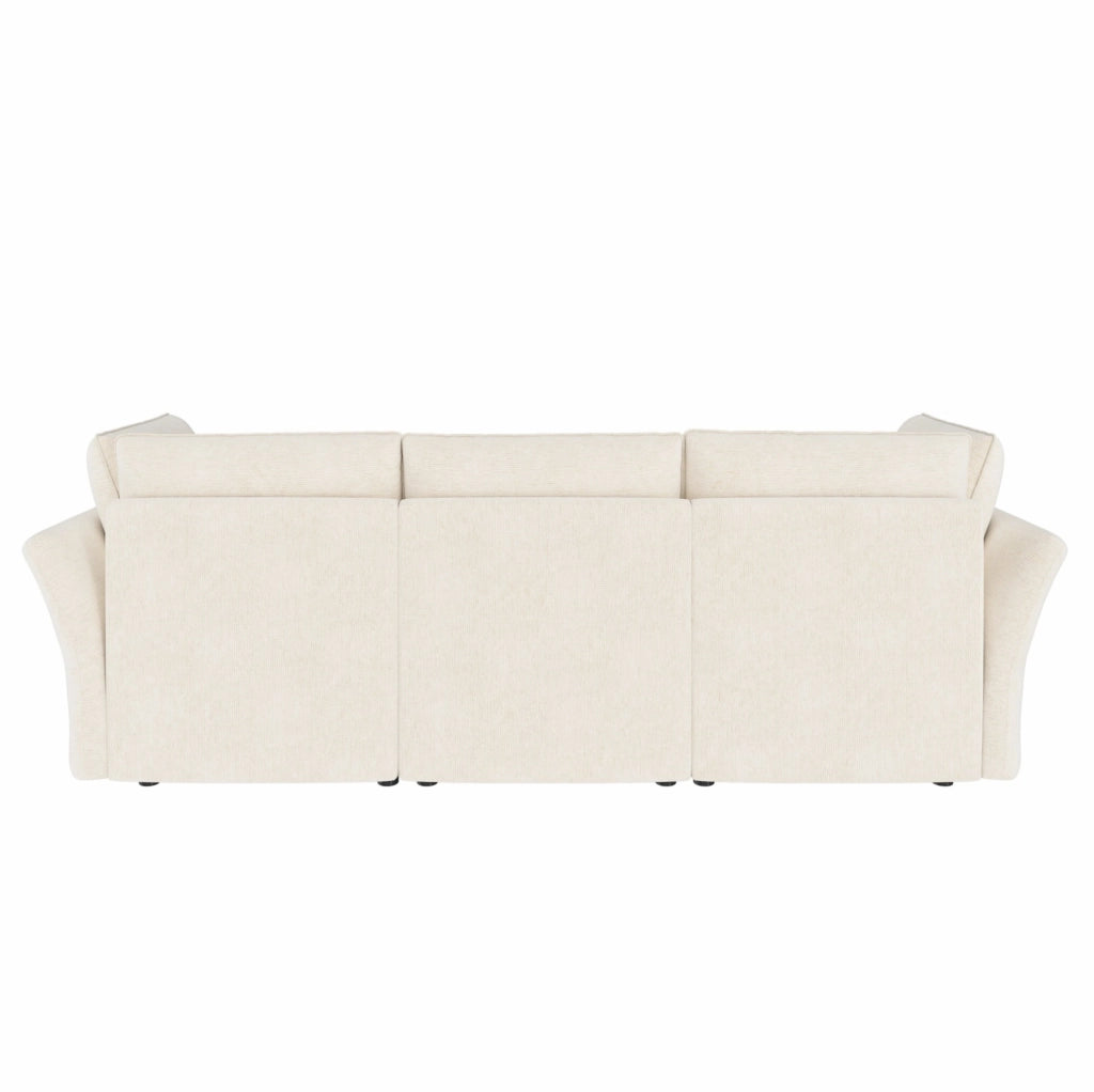Divano modulare a L con pouf contenitore; 225 x 137 x 84 cm; in chenille beige