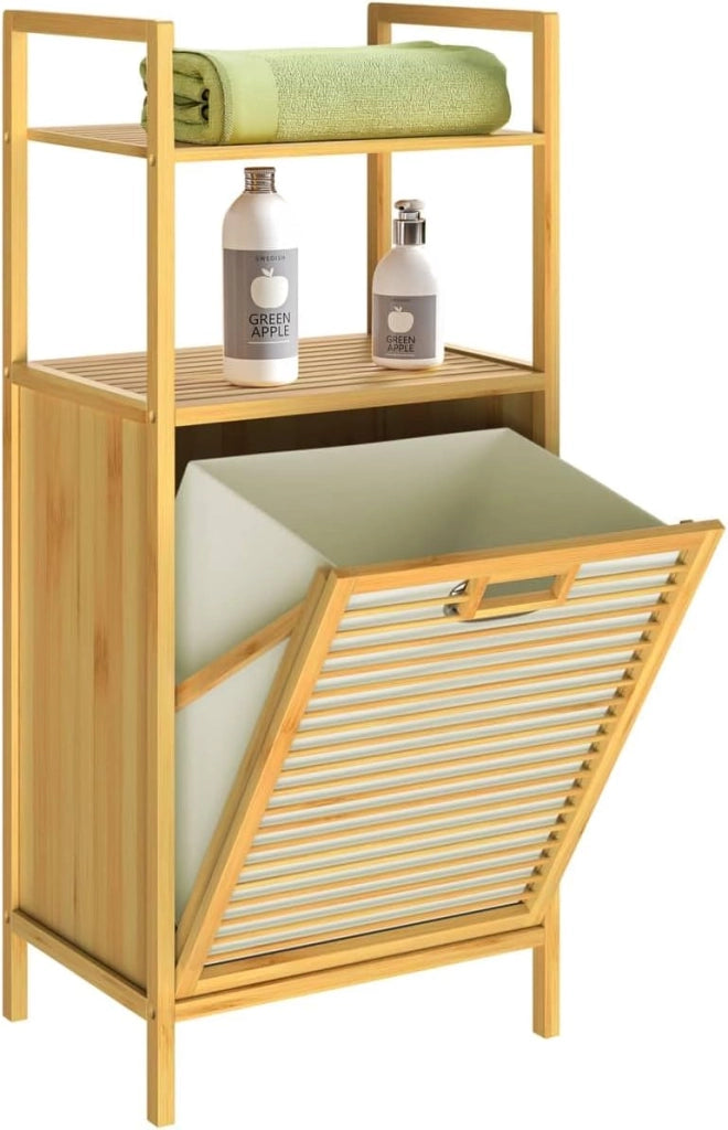 Mobile da Bagno con Cesta per Biancheria 36l Armadietto in Bambù 2 Ripiani con Cesto Panni Mobiletto Portabiancheria 95x40x30cm